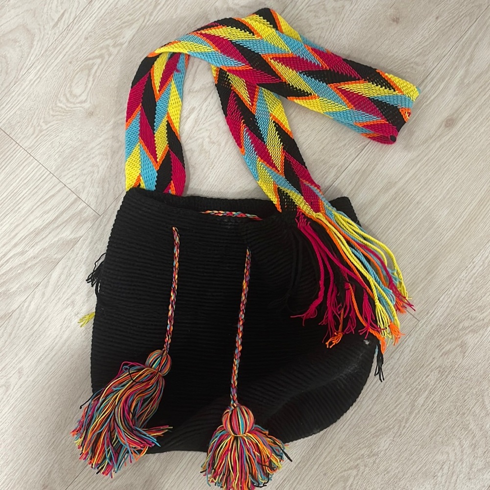 Black Brazilian bucket bag with multi colored strap
